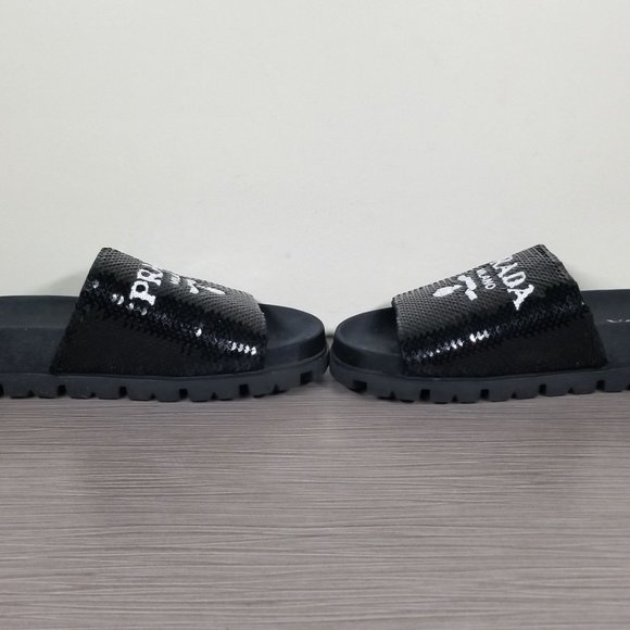 PRADA Logo Sequin Slide Sandal, Black, Womens Size 7.5US / 37.5EU - Picture 6 of 11